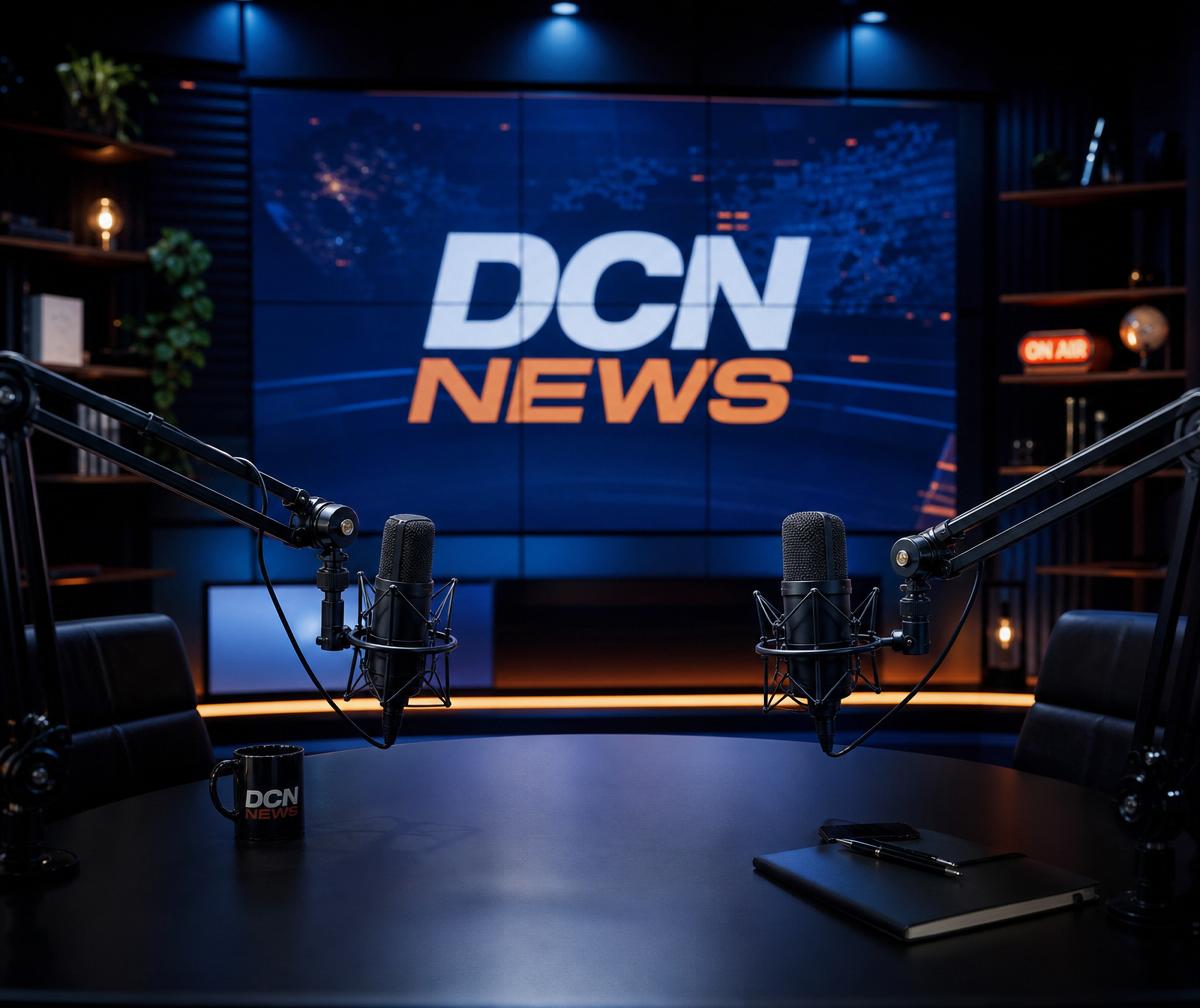 DCN broadcast podcast studio with microphones and an LED wall showing DCN News